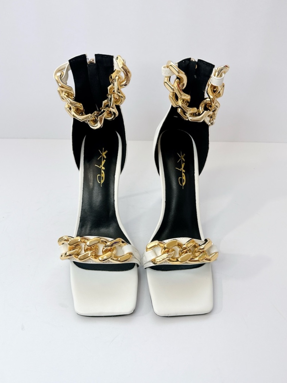 Size 7 White Gold Chain Stiletto Heels Women’s Square Toe Ankle Strap Pumps